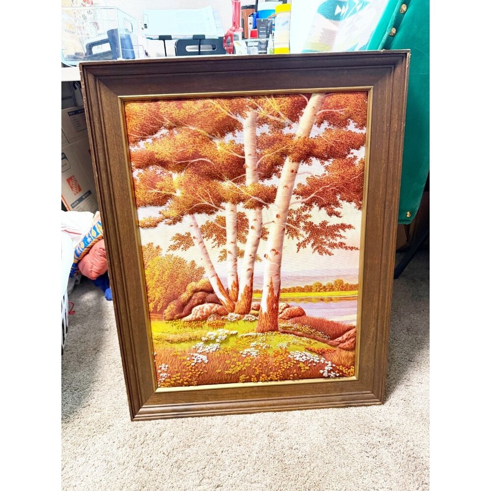 Vintage Mixed Media Wall Art Birch Tree Scene Framed Print Autumn Rustic Decor